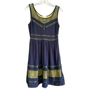 Esley Fit & Flare Dress Navy Yellow Lace‎ Inset Retro Glam Women's Size Small